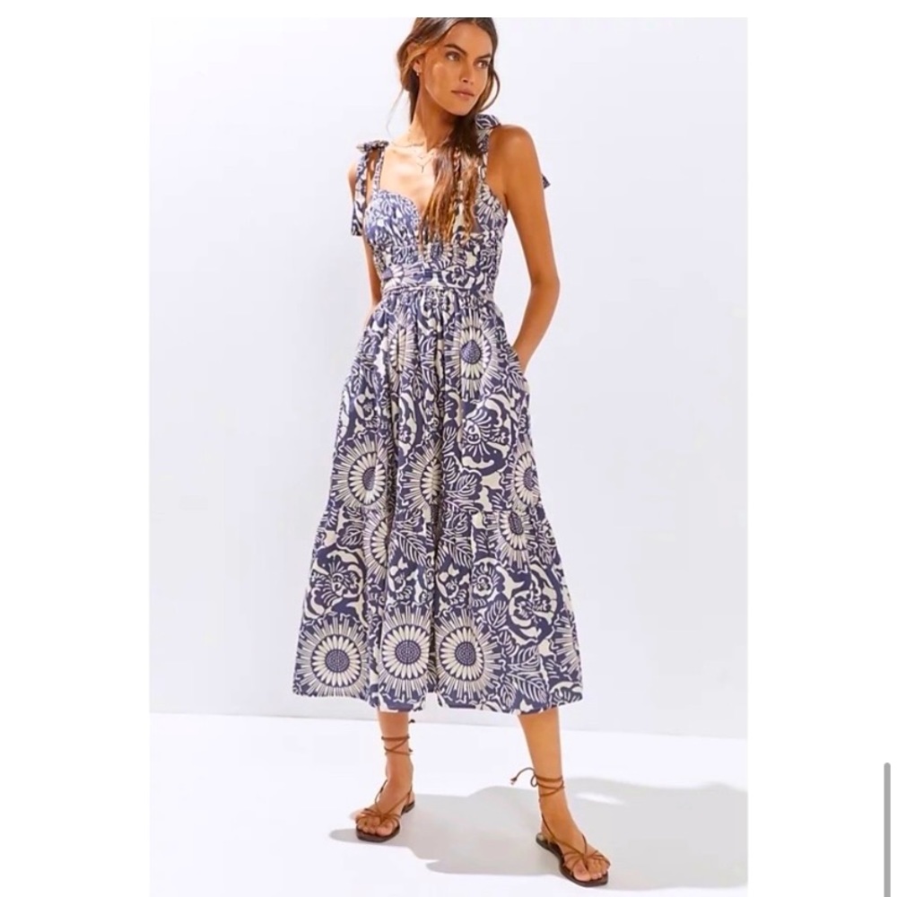 ANTHROPOLOGIE Forever That Girl Flounced Floral Midi Dress Blue Small NWT